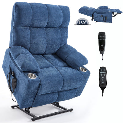 Fauteuil inclinable électrique surdimensionné avec double moteur, massage et chauffage lombaire, revêtement en chenille, deux porte-gobelets et poches latérales