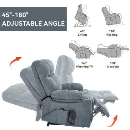 Fauteuil inclinable électrique surdimensionné avec double moteur, massage et chauffage lombaire, revêtement en chenille, deux porte-gobelets et poches latérales