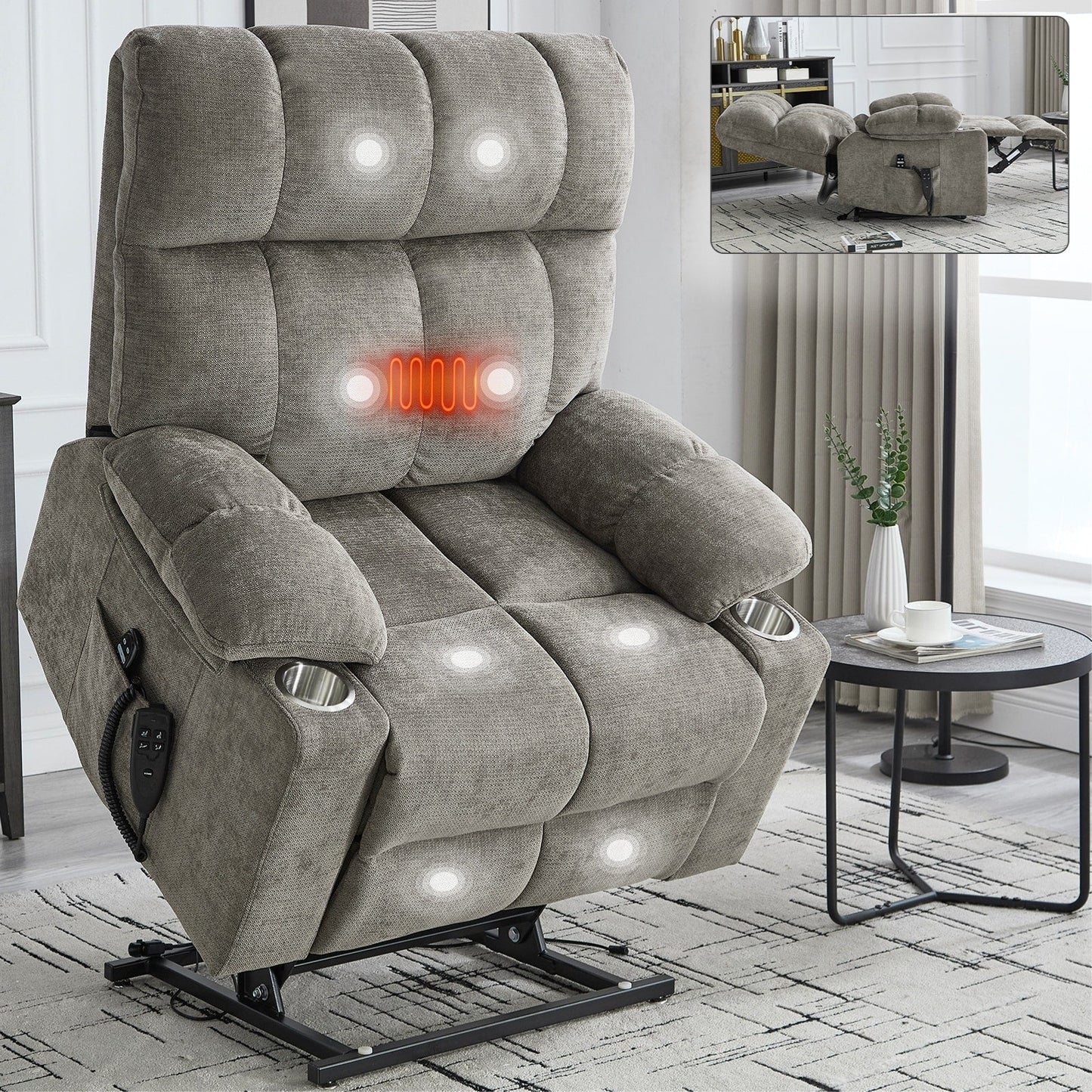 Fauteuil inclinable électrique surdimensionné avec double moteur, massage et chauffage lombaire, revêtement en chenille, deux porte-gobelets et poches latérales