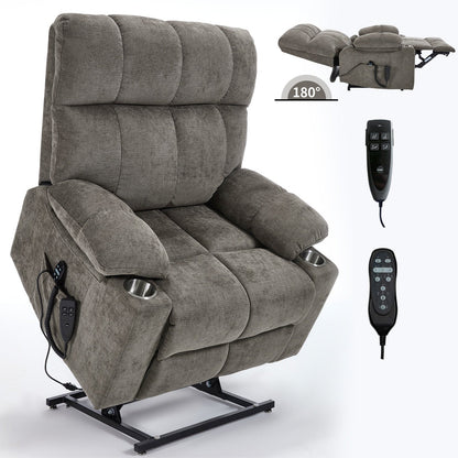 Fauteuil inclinable électrique surdimensionné avec double moteur, massage et chauffage lombaire, revêtement en chenille, deux porte-gobelets et poches latérales