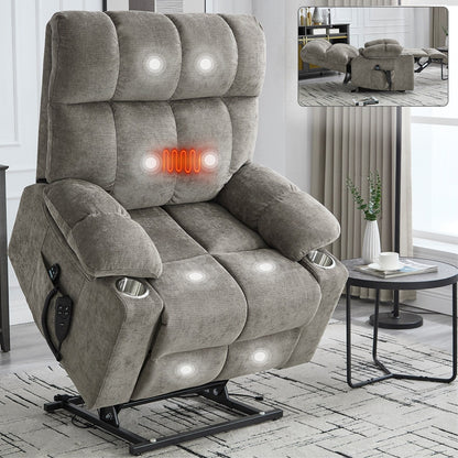 Fauteuil inclinable électrique surdimensionné avec double moteur, massage et chauffage lombaire, revêtement en chenille, deux porte-gobelets et poches latérales