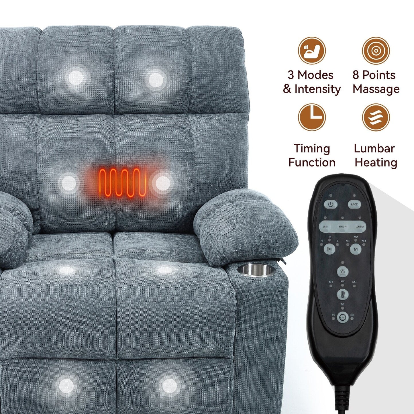 Fauteuil inclinable électrique surdimensionné avec double moteur, massage et chauffage lombaire, revêtement en chenille, deux porte-gobelets et poches latérales