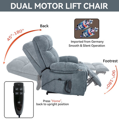 Fauteuil inclinable électrique surdimensionné avec double moteur, massage et chauffage lombaire, revêtement en chenille, deux porte-gobelets et poches latérales