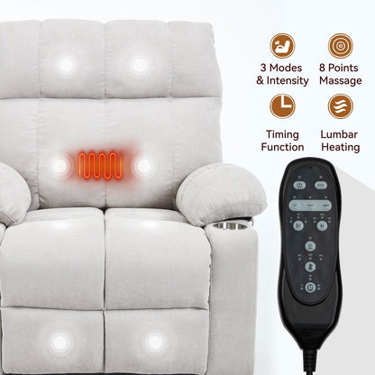 Fauteuil inclinable électrique surdimensionné avec double moteur, massage et chauffage lombaire, revêtement en chenille, deux porte-gobelets et poches latérales