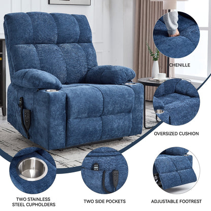 Fauteuil inclinable électrique surdimensionné avec double moteur, massage et chauffage lombaire, revêtement en chenille, deux porte-gobelets et poches latérales