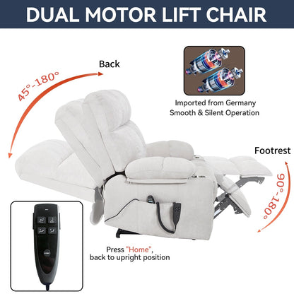Fauteuil inclinable électrique surdimensionné avec double moteur, massage et chauffage lombaire, revêtement en chenille, deux porte-gobelets et poches latérales