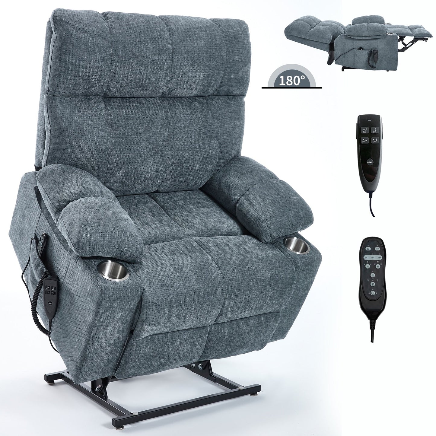 Fauteuil inclinable électrique surdimensionné avec double moteur, massage et chauffage lombaire, revêtement en chenille, deux porte-gobelets et poches latérales