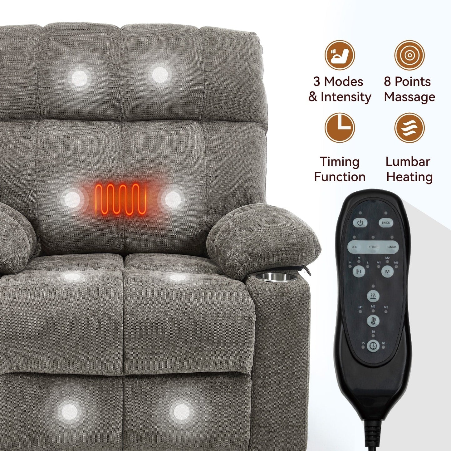 Fauteuil inclinable électrique surdimensionné avec double moteur, massage et chauffage lombaire, revêtement en chenille, deux porte-gobelets et poches latérales