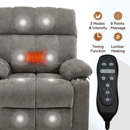 Fauteuil inclinable électrique surdimensionné avec double moteur, massage et chauffage lombaire, revêtement en chenille, deux porte-gobelets et poches latérales