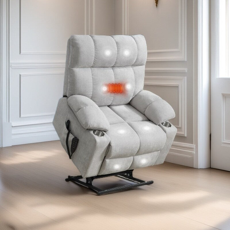 Fauteuil inclinable électrique surdimensionné avec double moteur, massage et chauffage lombaire, revêtement en chenille, deux porte-gobelets et poches latérales