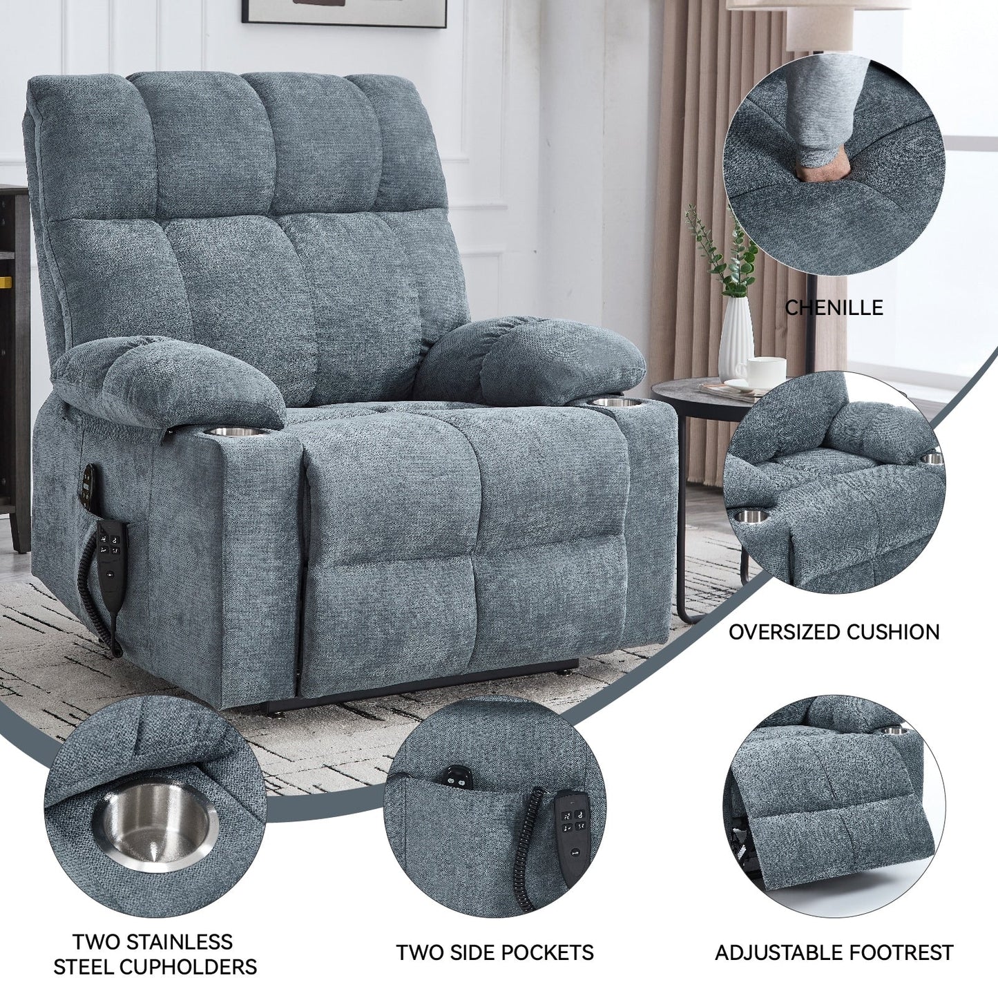 Fauteuil inclinable électrique surdimensionné avec double moteur, massage et chauffage lombaire, revêtement en chenille, deux porte-gobelets et poches latérales