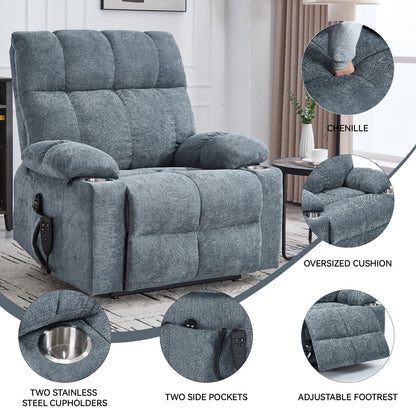 Fauteuil inclinable électrique surdimensionné avec double moteur, massage et chauffage lombaire, revêtement en chenille, deux porte-gobelets et poches latérales
