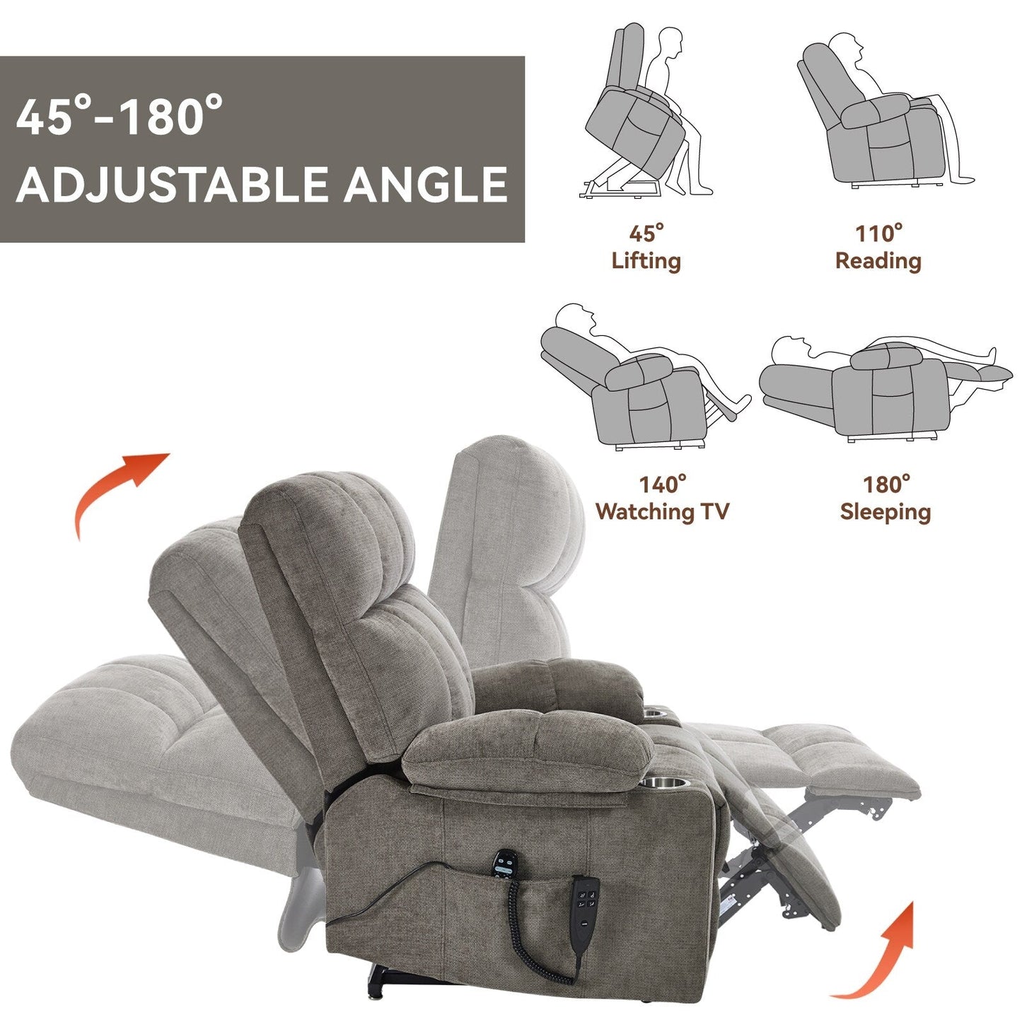 Fauteuil inclinable électrique surdimensionné avec double moteur, massage et chauffage lombaire, revêtement en chenille, deux porte-gobelets et poches latérales