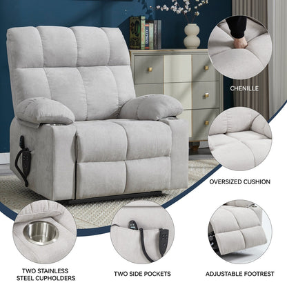Fauteuil inclinable électrique surdimensionné avec double moteur, massage et chauffage lombaire, revêtement en chenille, deux porte-gobelets et poches latérales