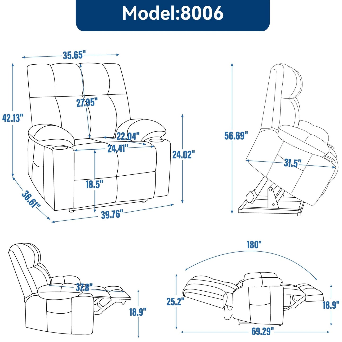 Fauteuil inclinable électrique surdimensionné avec double moteur, massage et chauffage lombaire, revêtement en chenille, deux porte-gobelets et poches latérales