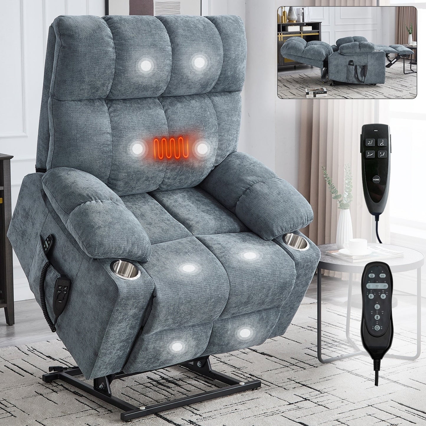 Fauteuil inclinable électrique surdimensionné avec double moteur, massage et chauffage lombaire, revêtement en chenille, deux porte-gobelets et poches latérales