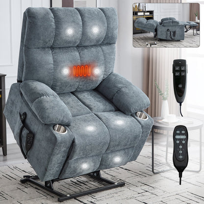 Fauteuil inclinable électrique surdimensionné avec double moteur, massage et chauffage lombaire, revêtement en chenille, deux porte-gobelets et poches latérales