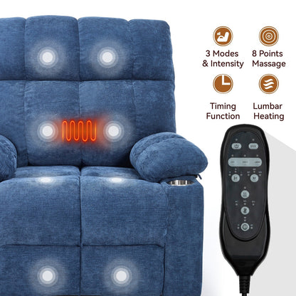 Fauteuil inclinable électrique surdimensionné avec double moteur, massage et chauffage lombaire, revêtement en chenille, deux porte-gobelets et poches latérales