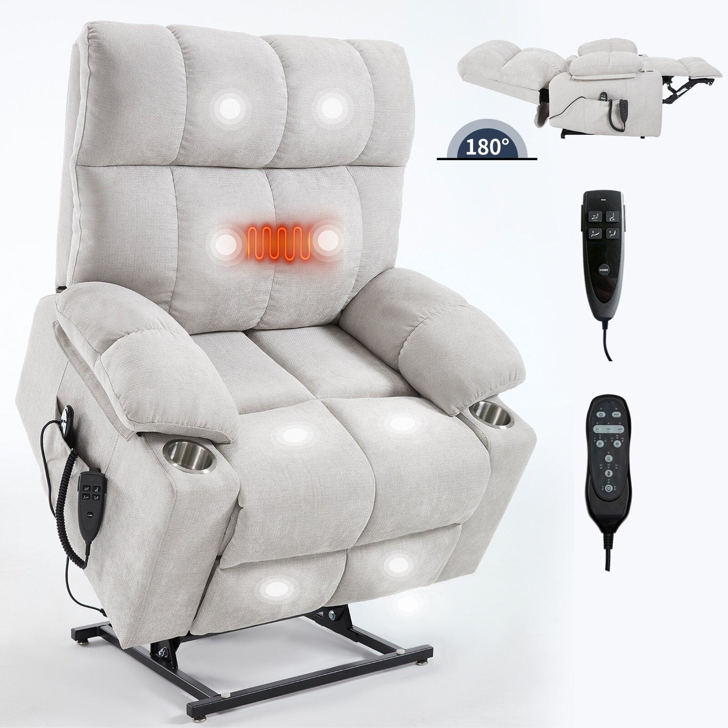 Fauteuil inclinable électrique surdimensionné avec double moteur, massage et chauffage lombaire, revêtement en chenille, deux porte-gobelets et poches latérales