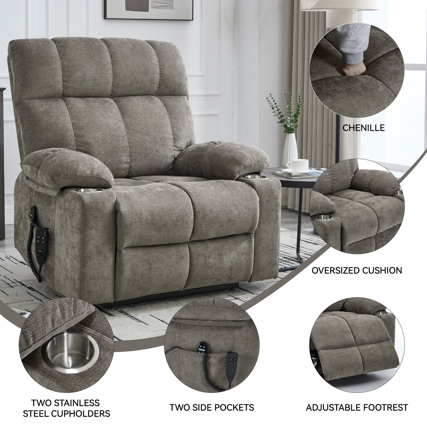 Fauteuil inclinable électrique surdimensionné avec double moteur, massage et chauffage lombaire, revêtement en chenille, deux porte-gobelets et poches latérales