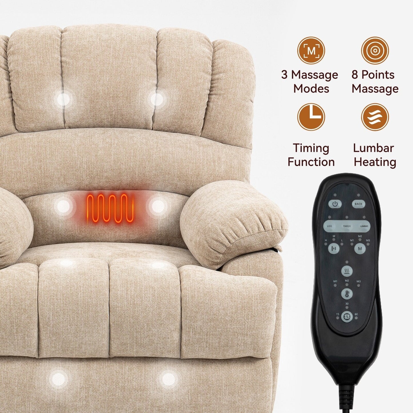 Fauteuil inclinable électrique surdimensionné avec massage, chauffage, vibrations à 8 points, chauffage lombaire, port USB, deux poches latérales
