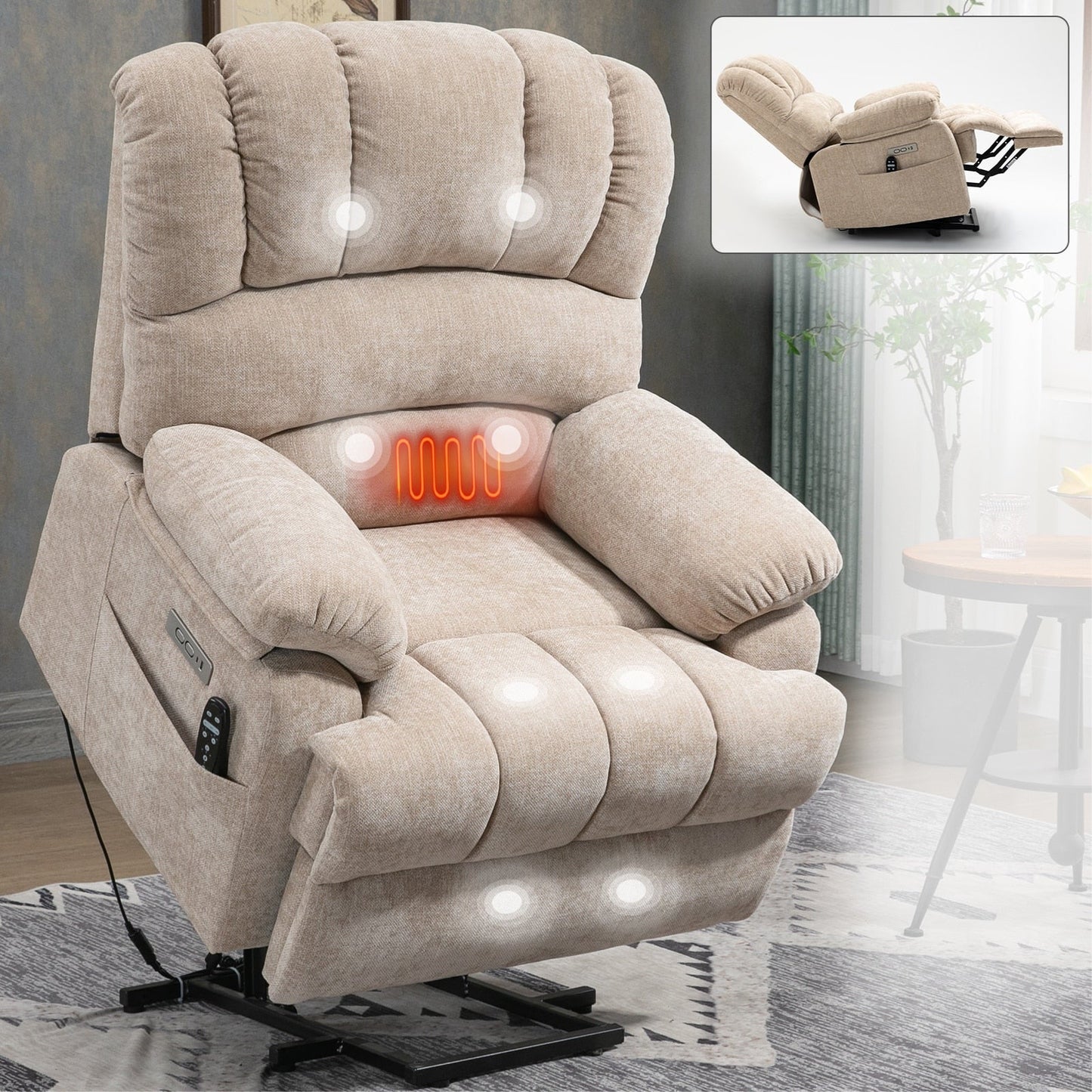 Fauteuil inclinable électrique surdimensionné avec massage, chauffage, vibrations à 8 points, chauffage lombaire, port USB, deux poches latérales