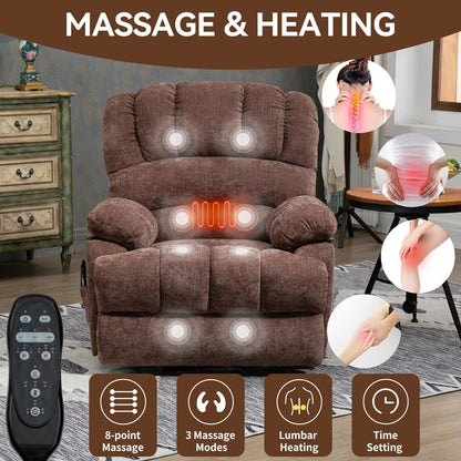 Fauteuil inclinable électrique surdimensionné avec massage, chauffage, vibrations à 8 points, chauffage lombaire, port USB, deux poches latérales