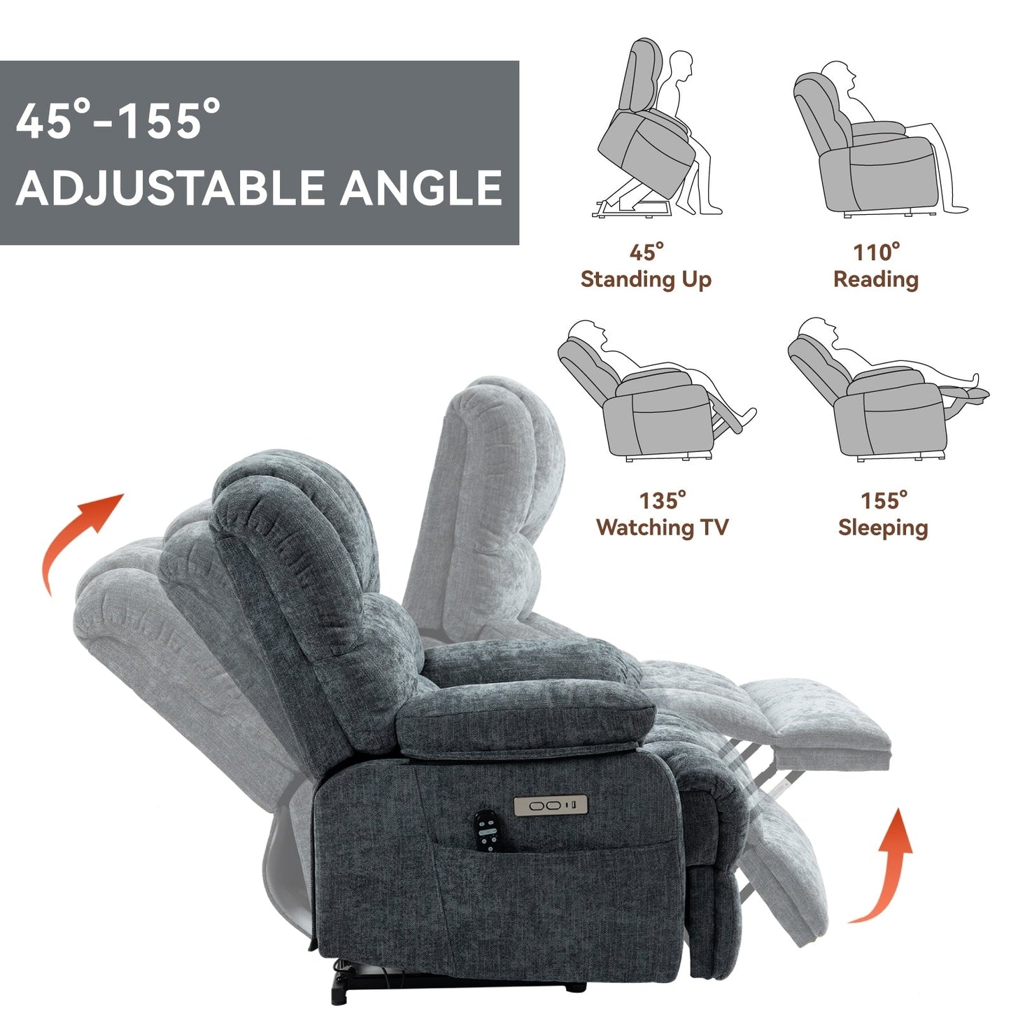 Fauteuil inclinable électrique surdimensionné avec massage, chauffage, vibrations à 8 points, chauffage lombaire, port USB, deux poches latérales