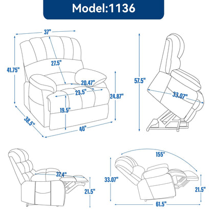 Fauteuil inclinable électrique surdimensionné avec massage, chauffage, vibrations à 8 points, chauffage lombaire, port USB, deux poches latérales
