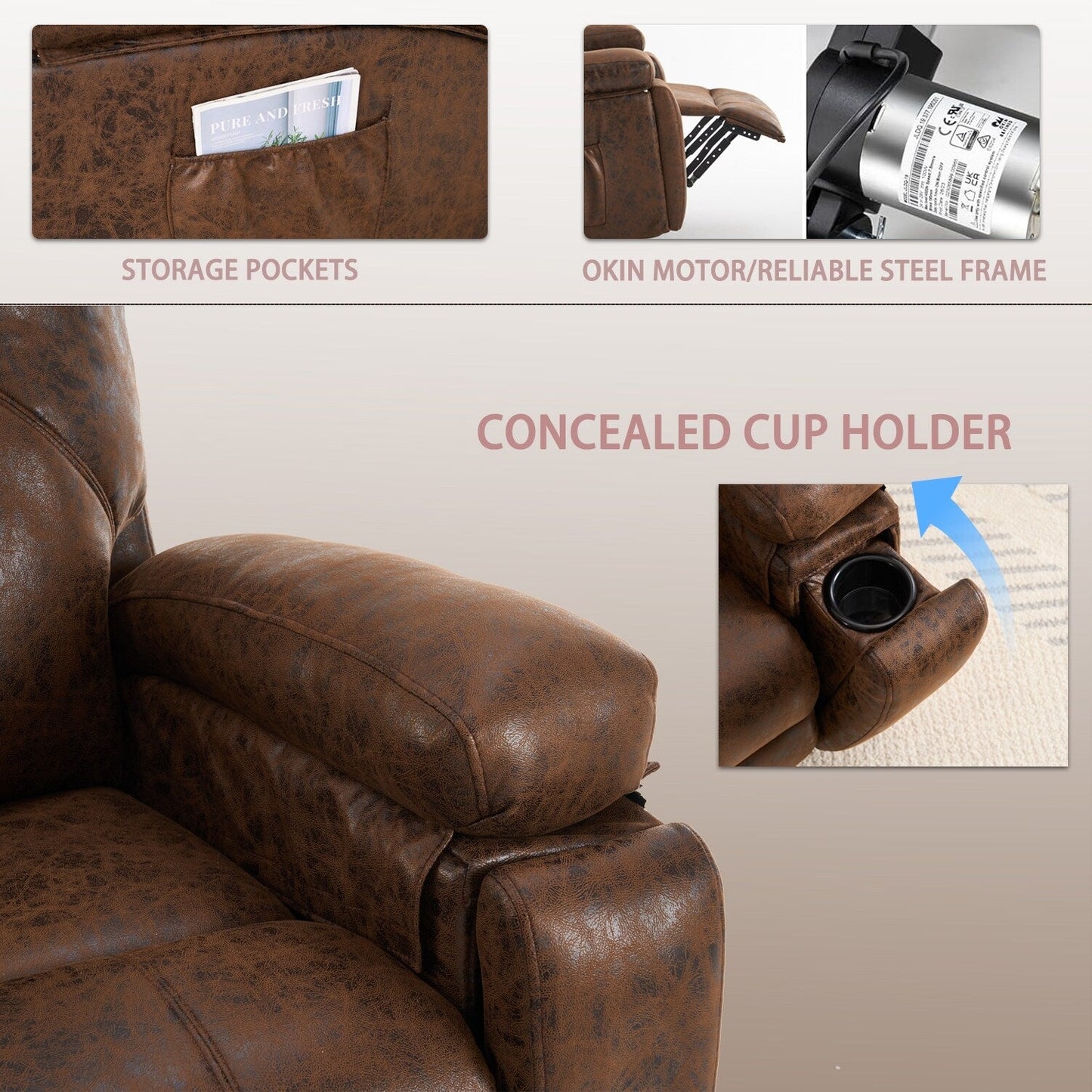 Fauteuil inclinable électrique surdimensionné avec moteur silencieux et massage