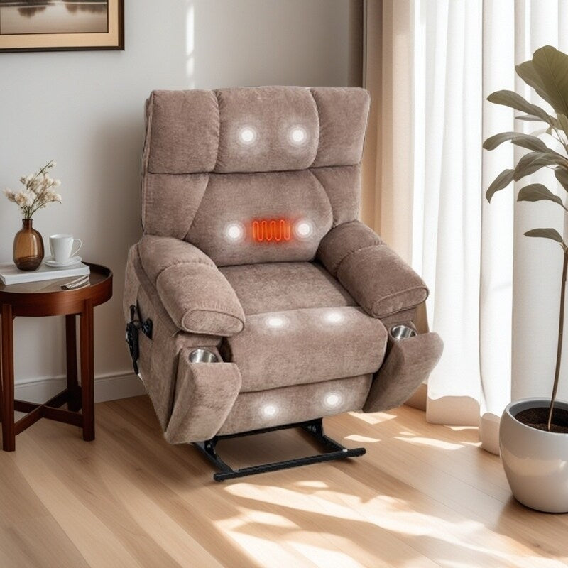 Fauteuil inclinable électrique surdimensionné avec deux moteurs, fonctions de chauffage et de massage, inclinaison à positions infinies, porte-gobelets dissimulés