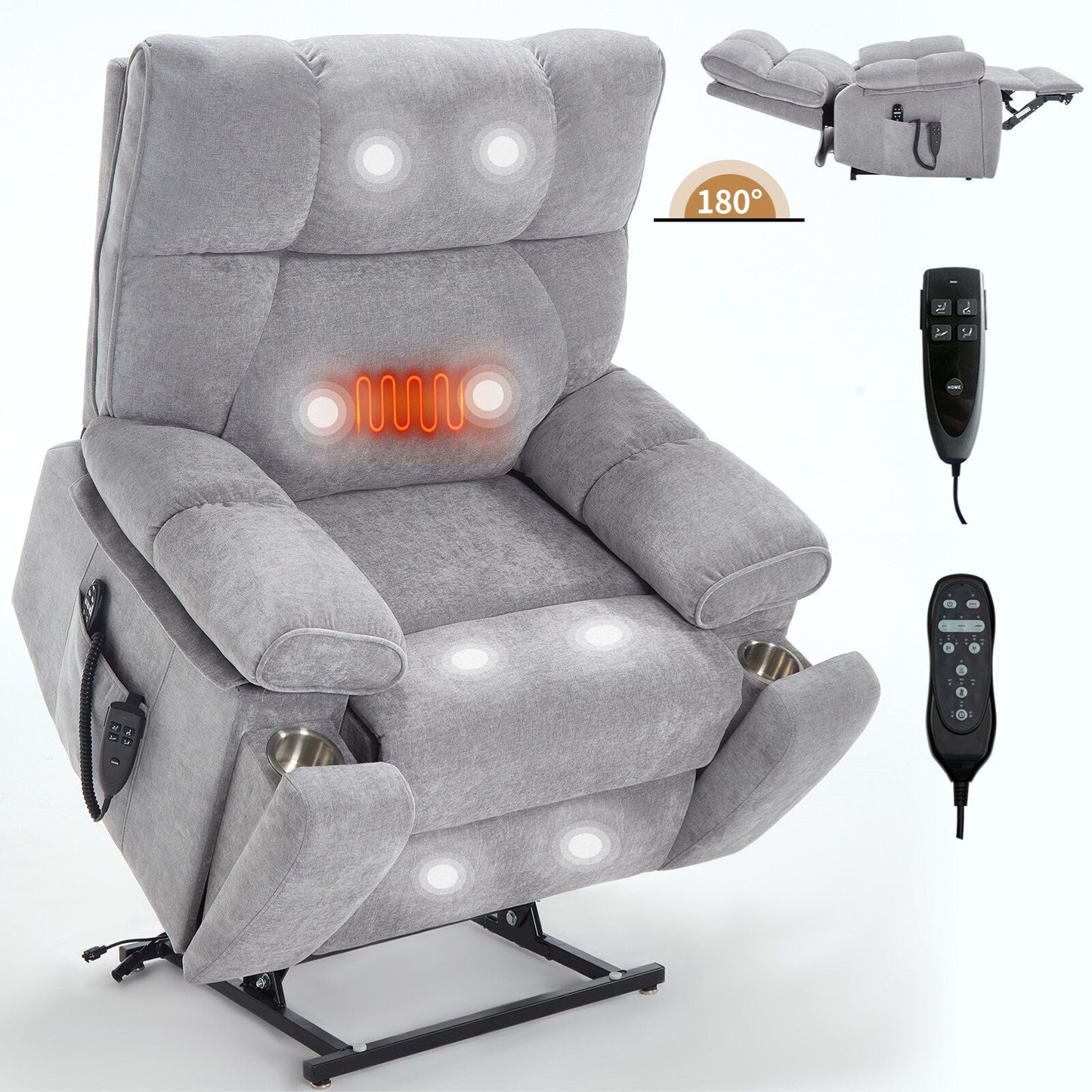 Fauteuil inclinable électrique surdimensionné avec deux moteurs, fonctions de chauffage et de massage, inclinaison à positions infinies, porte-gobelets dissimulés
