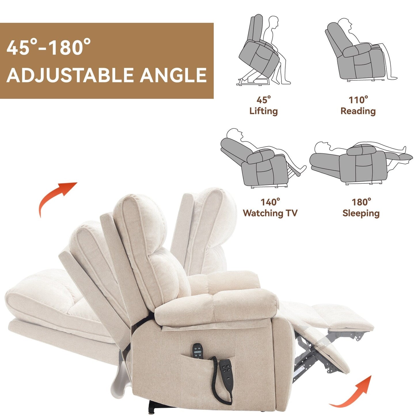 Fauteuil inclinable électrique surdimensionné avec deux moteurs, fonctions de chauffage et de massage, inclinaison à positions infinies, porte-gobelets dissimulés