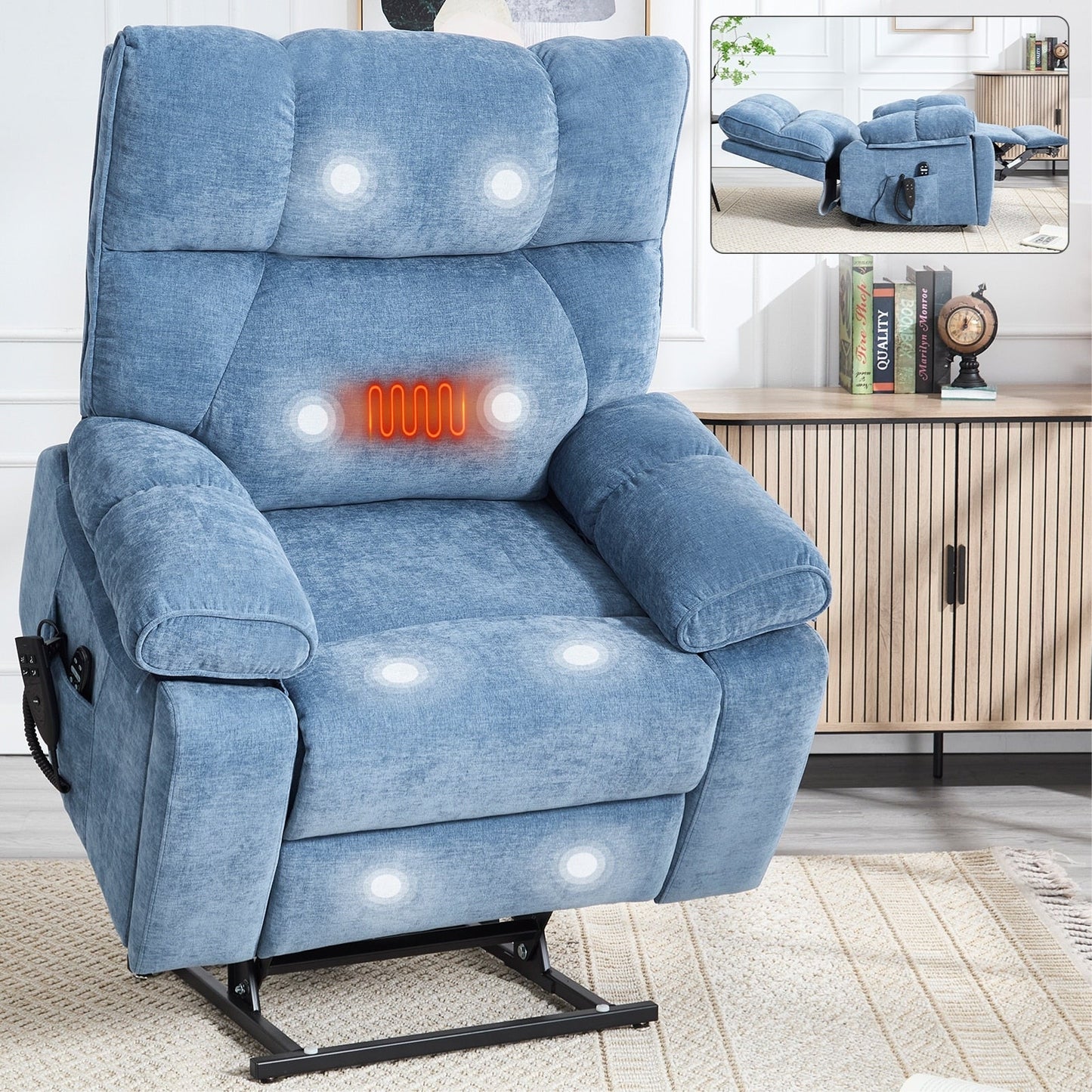 Fauteuil inclinable électrique surdimensionné avec deux moteurs, fonctions de chauffage et de massage, inclinaison à positions infinies, porte-gobelets dissimulés