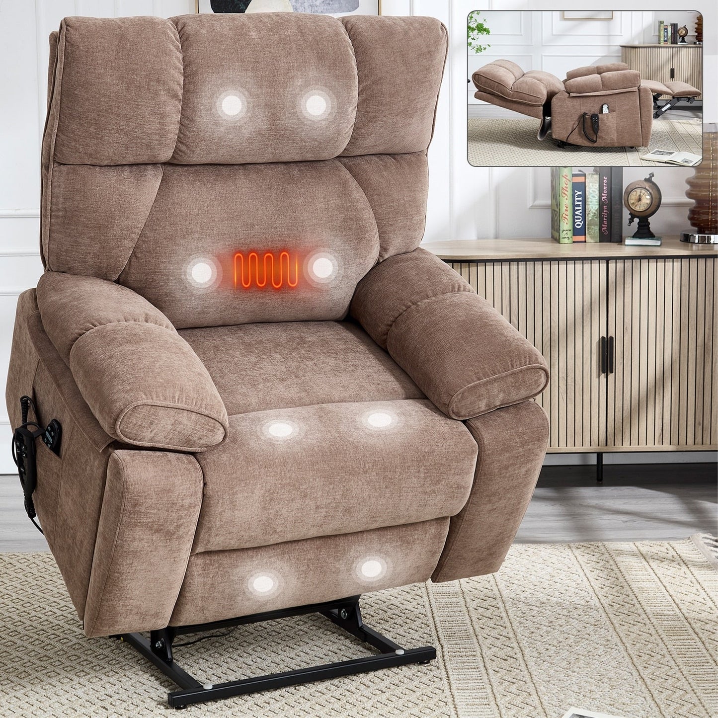 Fauteuil inclinable électrique surdimensionné avec deux moteurs, fonctions de chauffage et de massage, inclinaison à positions infinies, porte-gobelets dissimulés