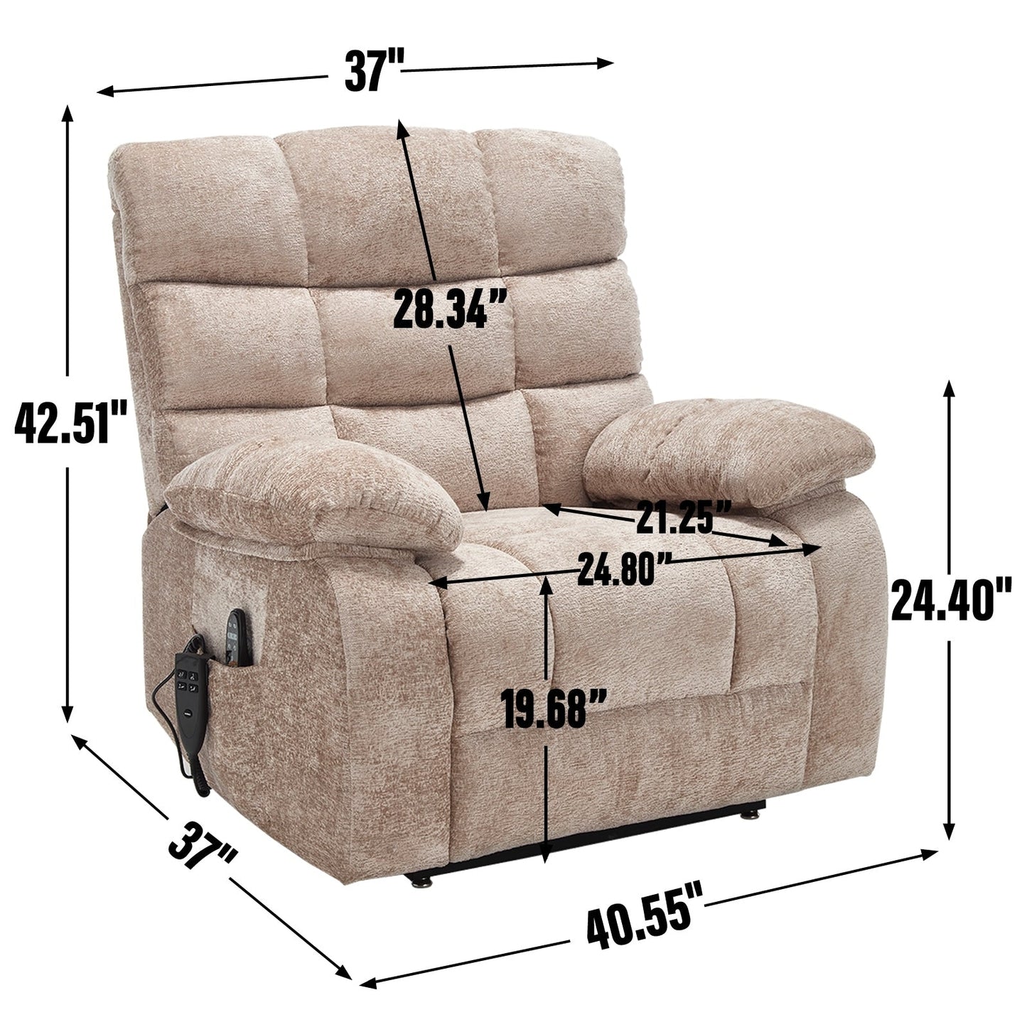 Fauteuil inclinable électrique surdimensionné avec deux moteurs, chauffage et massage, inclinaison infinie (capacité de 158 kg), télécommande