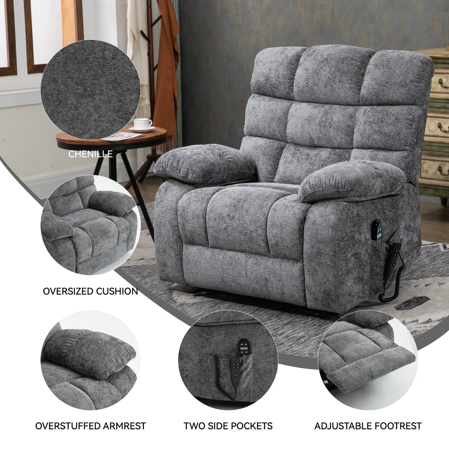 Fauteuil inclinable électrique surdimensionné avec deux moteurs, chauffage et massage, inclinaison infinie (capacité de 158 kg), télécommande