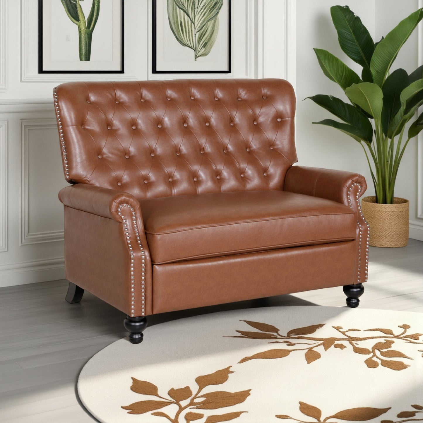 Fauteuil inclinable surdimensionné, rivets, dossier capitonné, similicuir marron clair