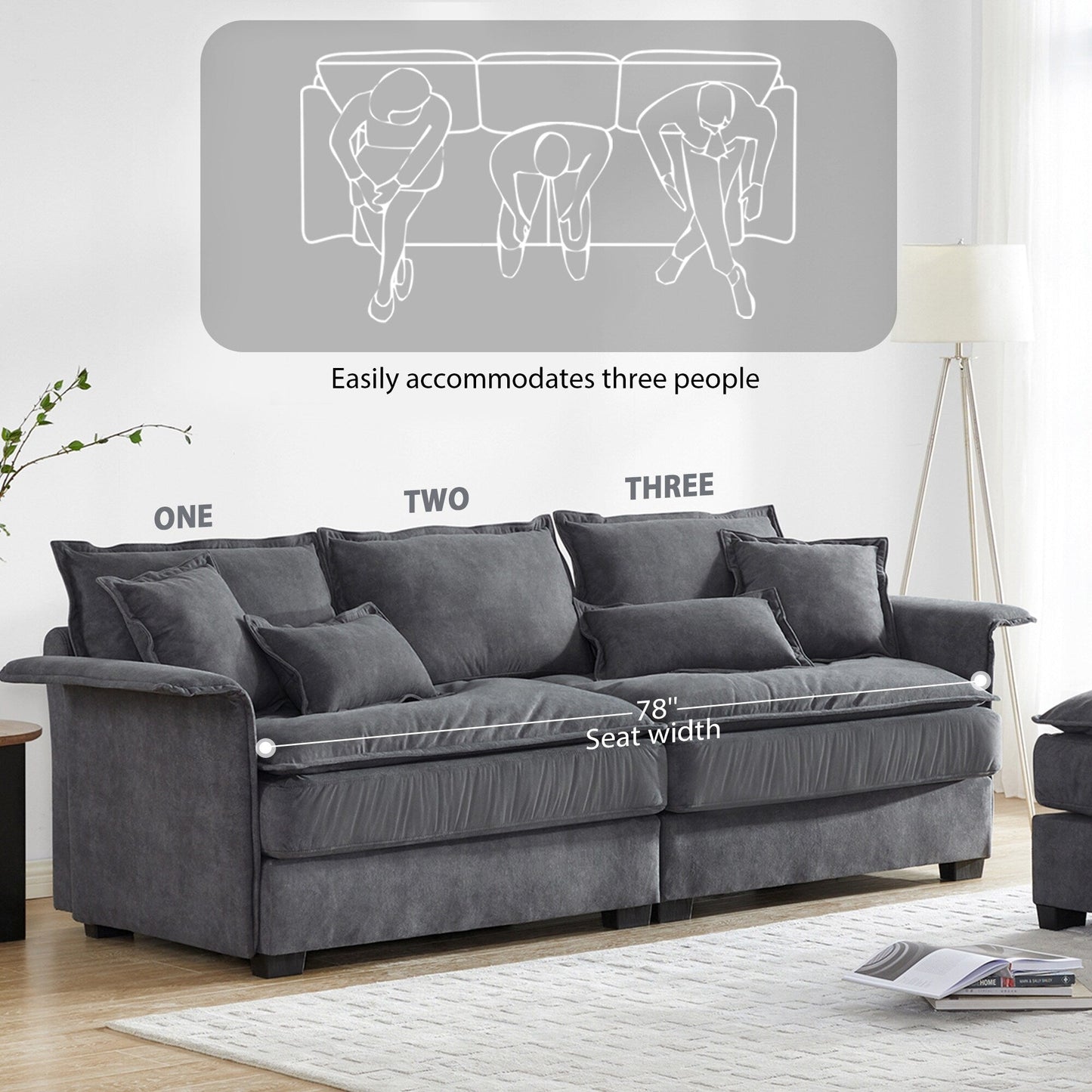 Canapé sectionnel surdimensionné avec accoudoirs en bois courbé, meuble d'intérieur rembourré avec coussins doubles, canapé en L avec pouf