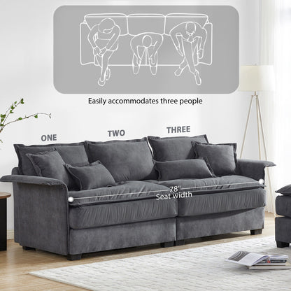 Canapé sectionnel surdimensionné avec accoudoirs en bois courbé, meuble d'intérieur rembourré avec coussins doubles, canapé en L avec pouf