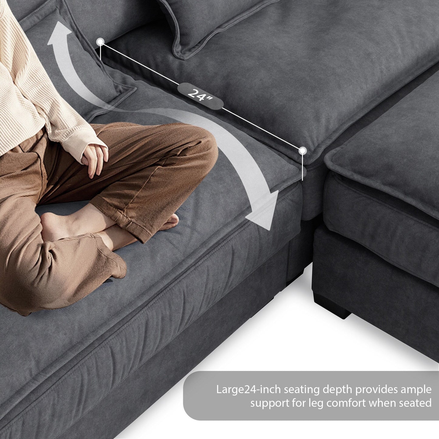 Canapé sectionnel surdimensionné avec accoudoirs en bois courbé, meuble d'intérieur rembourré avec coussins doubles, canapé en L avec pouf