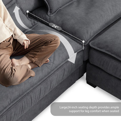 Canapé sectionnel surdimensionné avec accoudoirs en bois courbé, meuble d'intérieur rembourré avec coussins doubles, canapé en L avec pouf