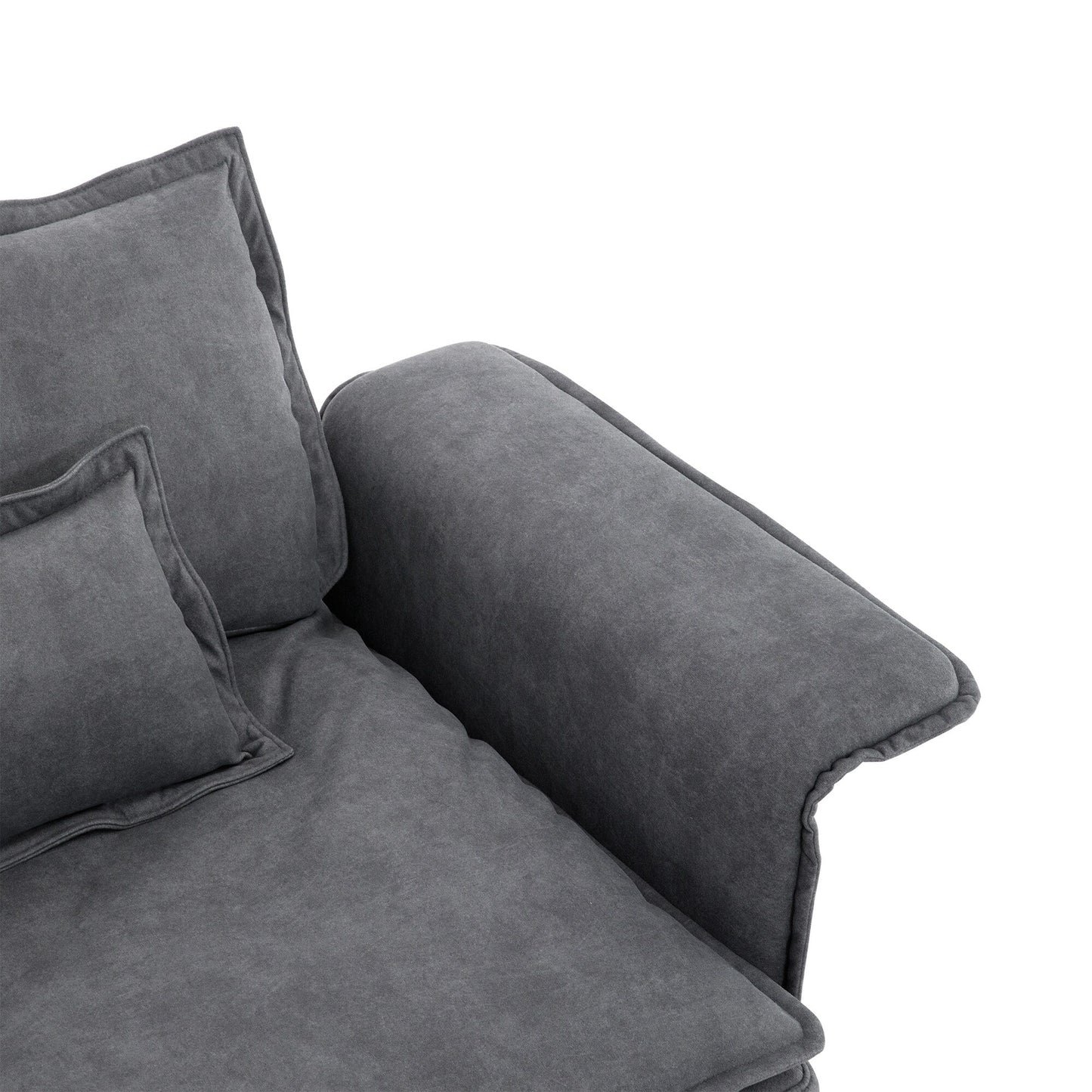 Canapé sectionnel surdimensionné avec accoudoirs en bois courbé, meuble d'intérieur rembourré avec coussins doubles, canapé en L avec pouf