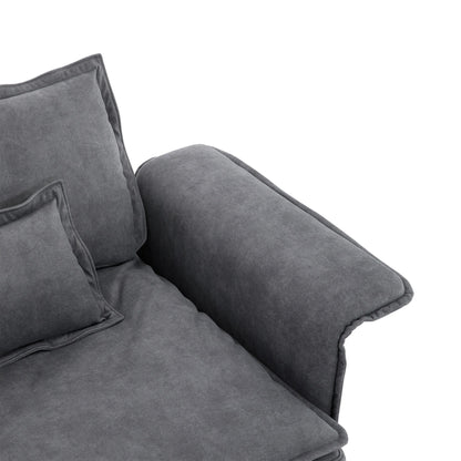 Canapé sectionnel surdimensionné avec accoudoirs en bois courbé, meuble d'intérieur rembourré avec coussins doubles, canapé en L avec pouf