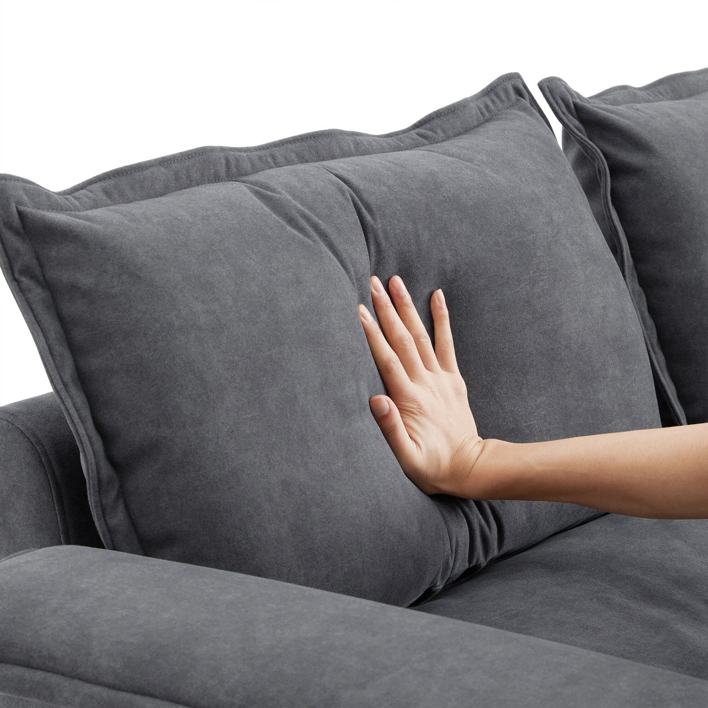 Canapé sectionnel surdimensionné avec accoudoirs en bois courbé, meuble d'intérieur rembourré avec coussins doubles, canapé en L avec pouf