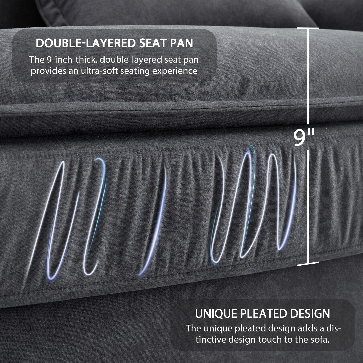 Canapé sectionnel surdimensionné avec accoudoirs en bois courbé, meuble d'intérieur rembourré avec coussins doubles, canapé en L avec pouf