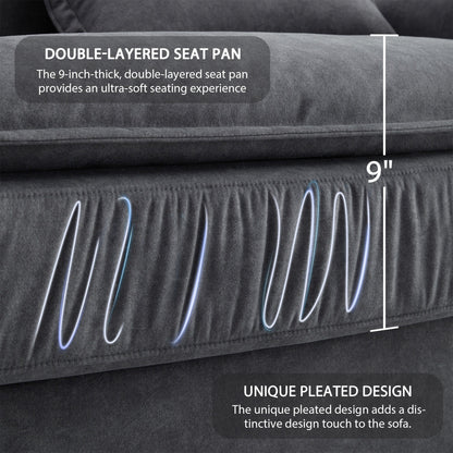 Canapé sectionnel surdimensionné avec accoudoirs en bois courbé, meuble d'intérieur rembourré avec coussins doubles, canapé en L avec pouf