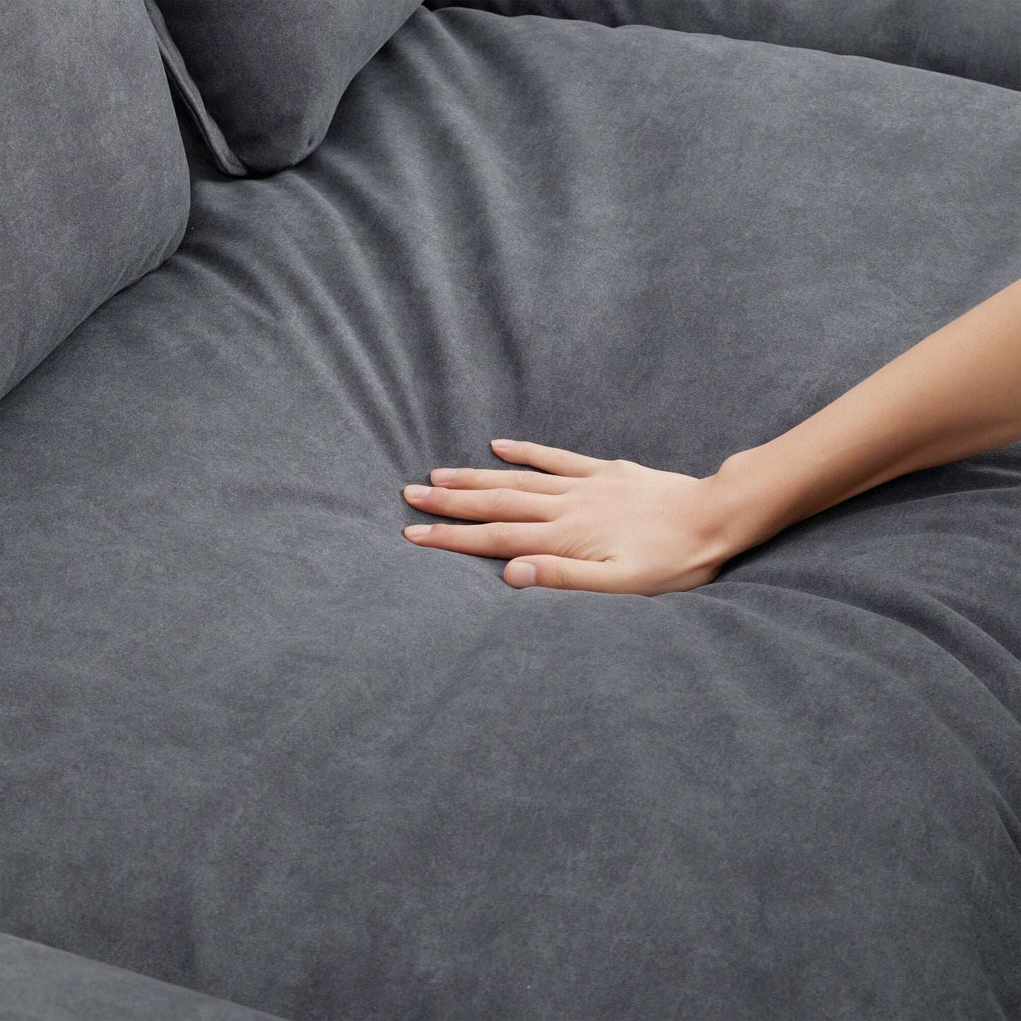 Canapé sectionnel surdimensionné avec accoudoirs en bois courbé, meuble d'intérieur rembourré avec coussins doubles, canapé en L avec pouf