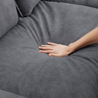 Canapé sectionnel surdimensionné avec accoudoirs en bois courbé, meuble d'intérieur rembourré avec coussins doubles, canapé en L avec pouf