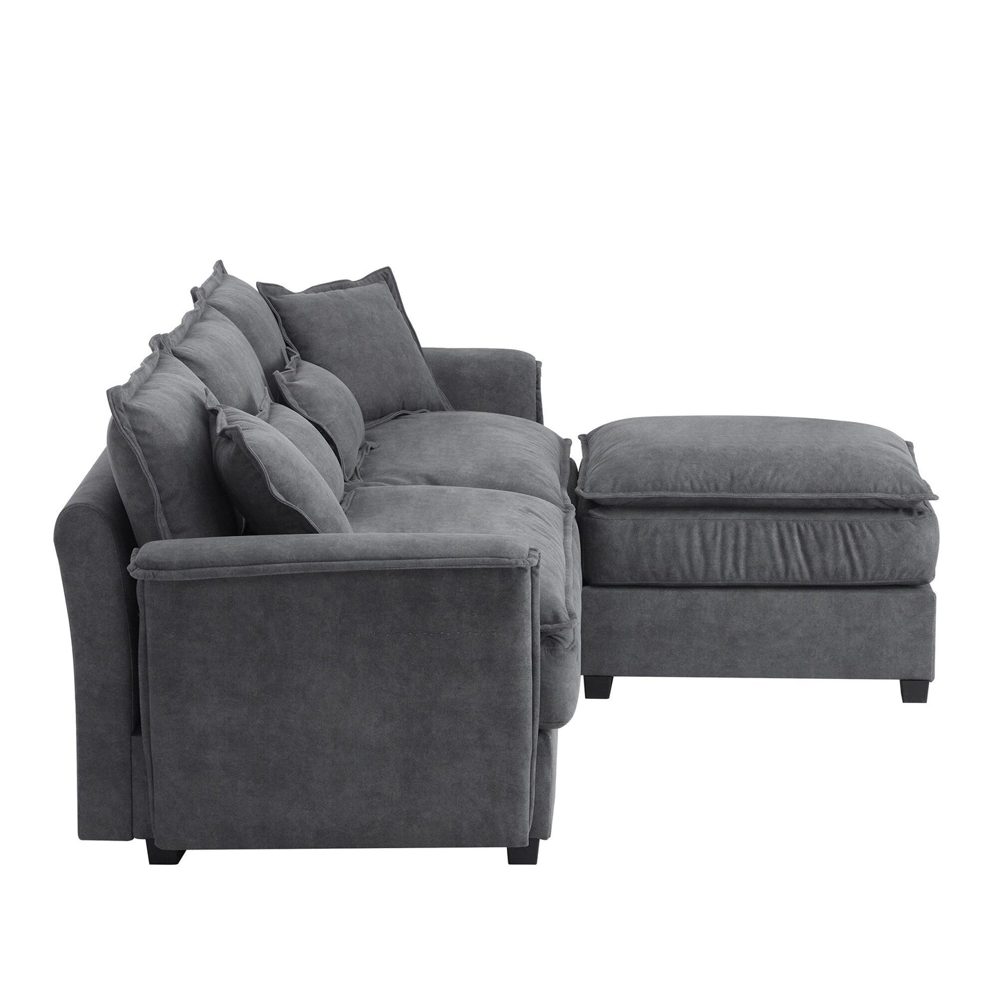 Canapé sectionnel surdimensionné avec accoudoirs en bois courbé, meuble d'intérieur rembourré avec coussins doubles, canapé en L avec pouf